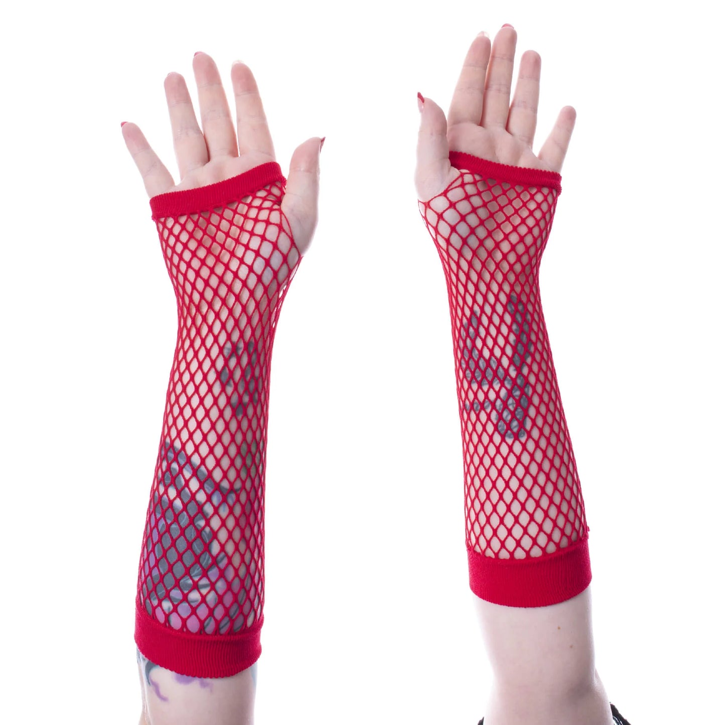 Rote, lange RED ANDAR MESH GLOVES im Fischnetzdesign von Poizen Industries