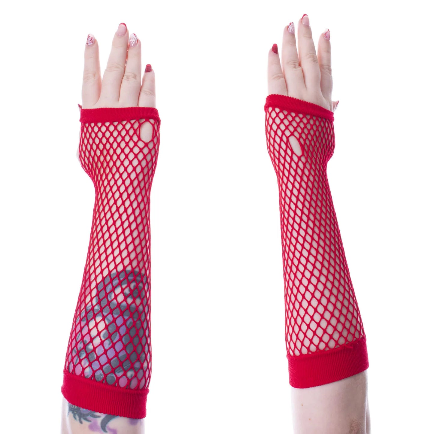 Rote, lange RED ANDAR MESH GLOVES im Fischnetzdesign von Poizen Industries