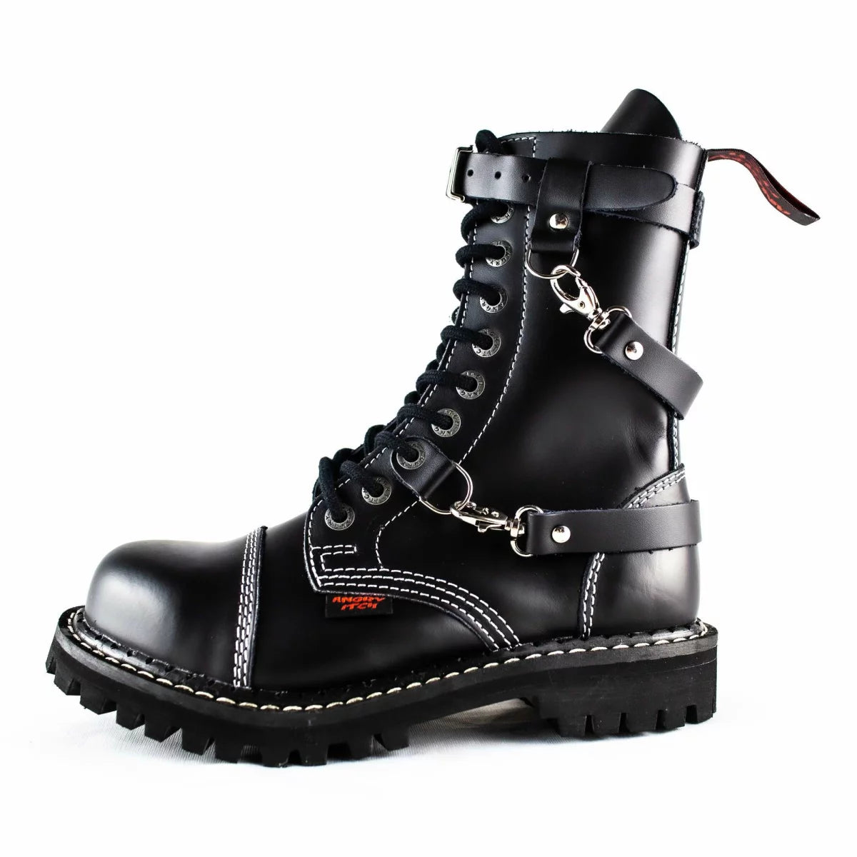 Seitenansicht: Schwarzer 10-Loch-Stiefel aus Leder mit drei Riemen um den Schuh