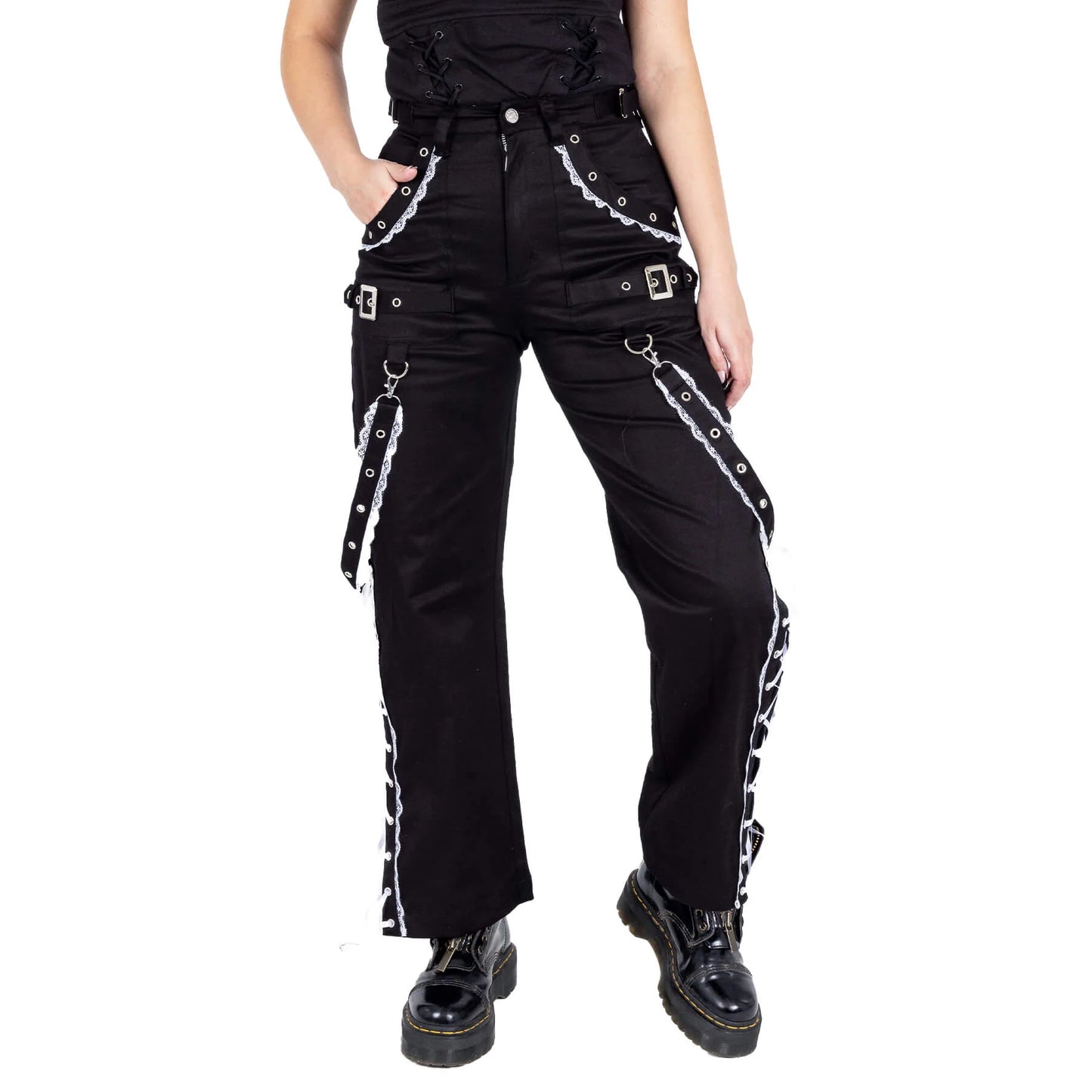 Schwarz-weiße AZALEA PANTS mit Riemen, Schnürungen und Spitzendetails von Poizen Industries