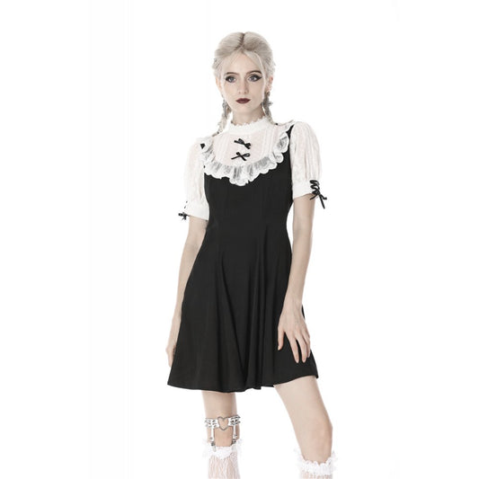 Schwarzes, kurzes Kleid Gothic Lolita Doll Dress mit weißen Spitzeneinsätzen und Rüschenärmeln von Dark In Love