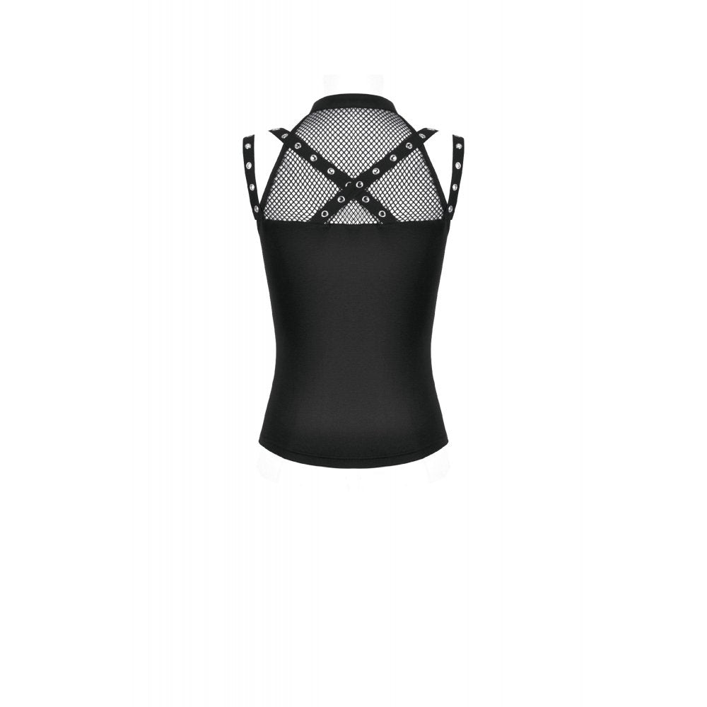 Schwarzes Oberteil Dark Punk Mesh Top mit Schnür-Details im Dark-Punk-Stil von Dark In Love