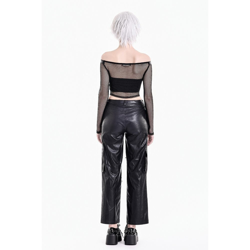 Schwarzes, schulterfreies Netzoberteil Mesh Matrix Fishnet Top mit Ösendetails und Reißverschluss von Dark In Love