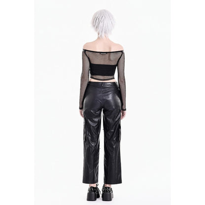 Schwarzes, schulterfreies Netzoberteil Mesh Matrix Fishnet Top mit Ösendetails und Reißverschluss von Dark In Love