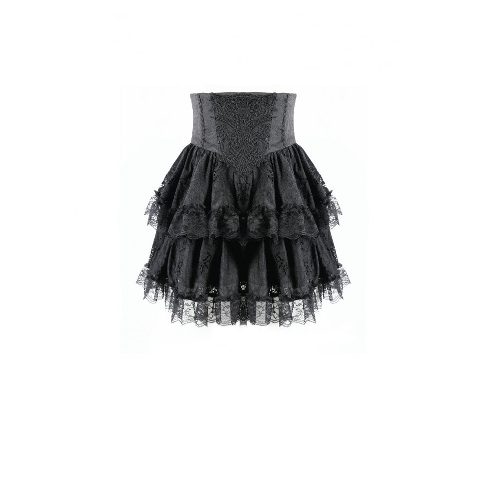 Schwarzer Mini-Rock Dark Crown Nocturne Skirt mit barocker Spitzenapplikation und Rüschen von Dark In Love
