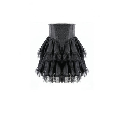 Schwarzer Mini-Rock Dark Crown Nocturne Skirt mit barocker Spitzenapplikation und Rüschen von Dark In Love