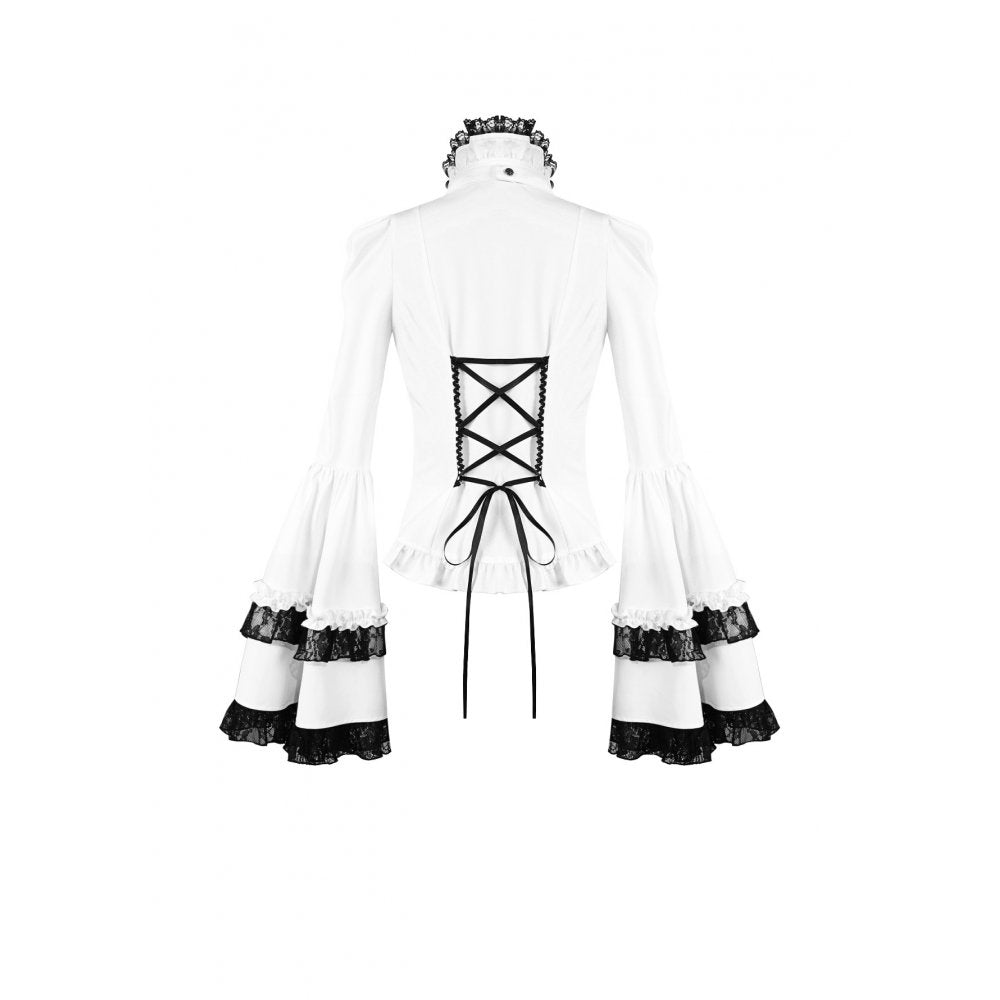 Weiße Bluse Chiaroscuro Symphony Blouse mit schwarzen Spitzendetails und Glockenärmeln von Dark In Love