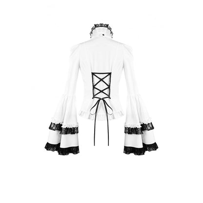 Weiße Bluse Chiaroscuro Symphony Blouse mit schwarzen Spitzendetails und Glockenärmeln von Dark In Love