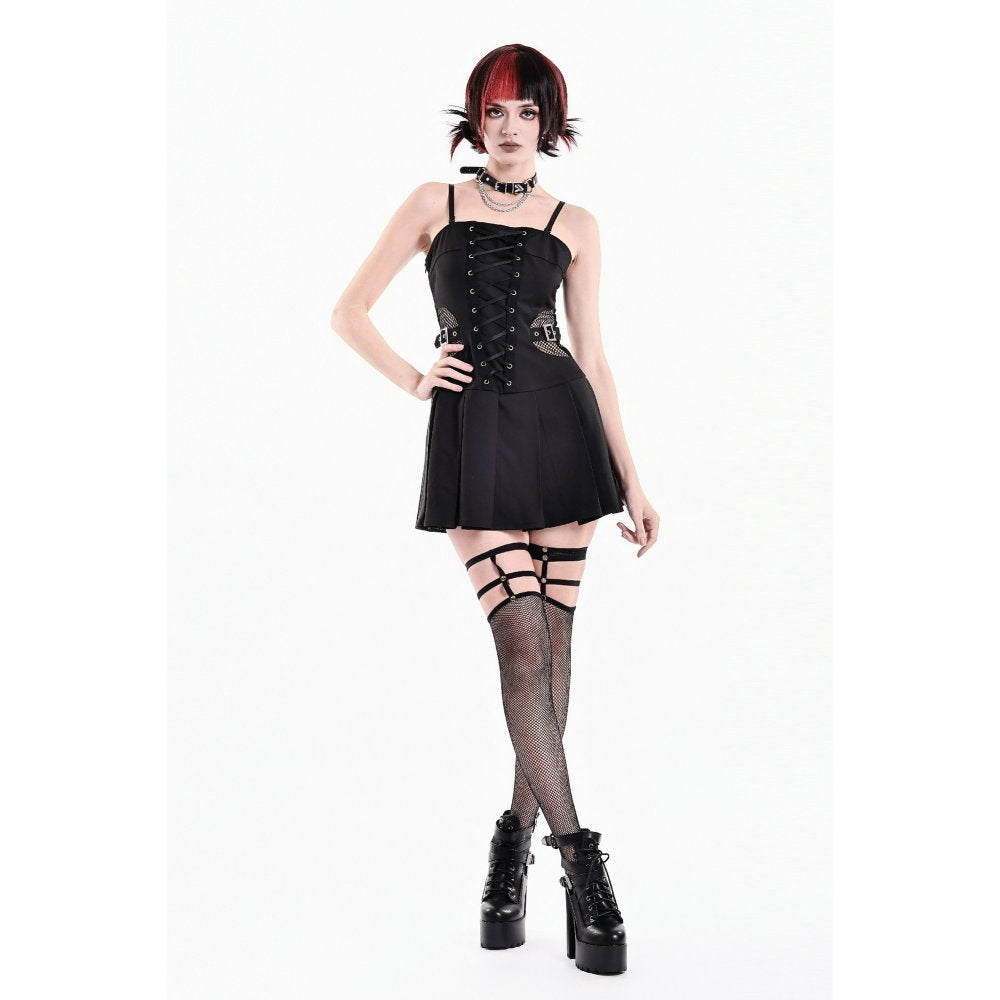 Schwarzes, kurzes Kleid Void Shackle Dress mit seitlichen Netzeinsätzen und Schnallendetails von Dark In Love