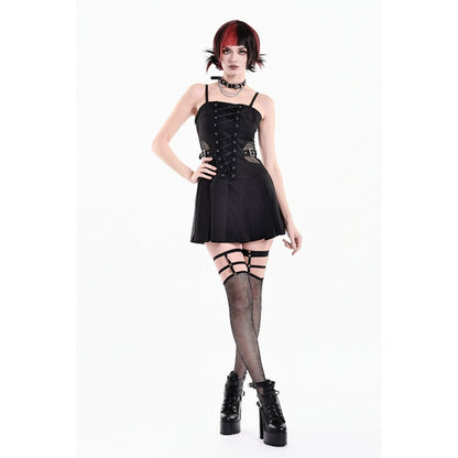 Schwarzes, kurzes Kleid Void Shackle Dress mit seitlichen Netzeinsätzen und Schnallendetails von Dark In Love