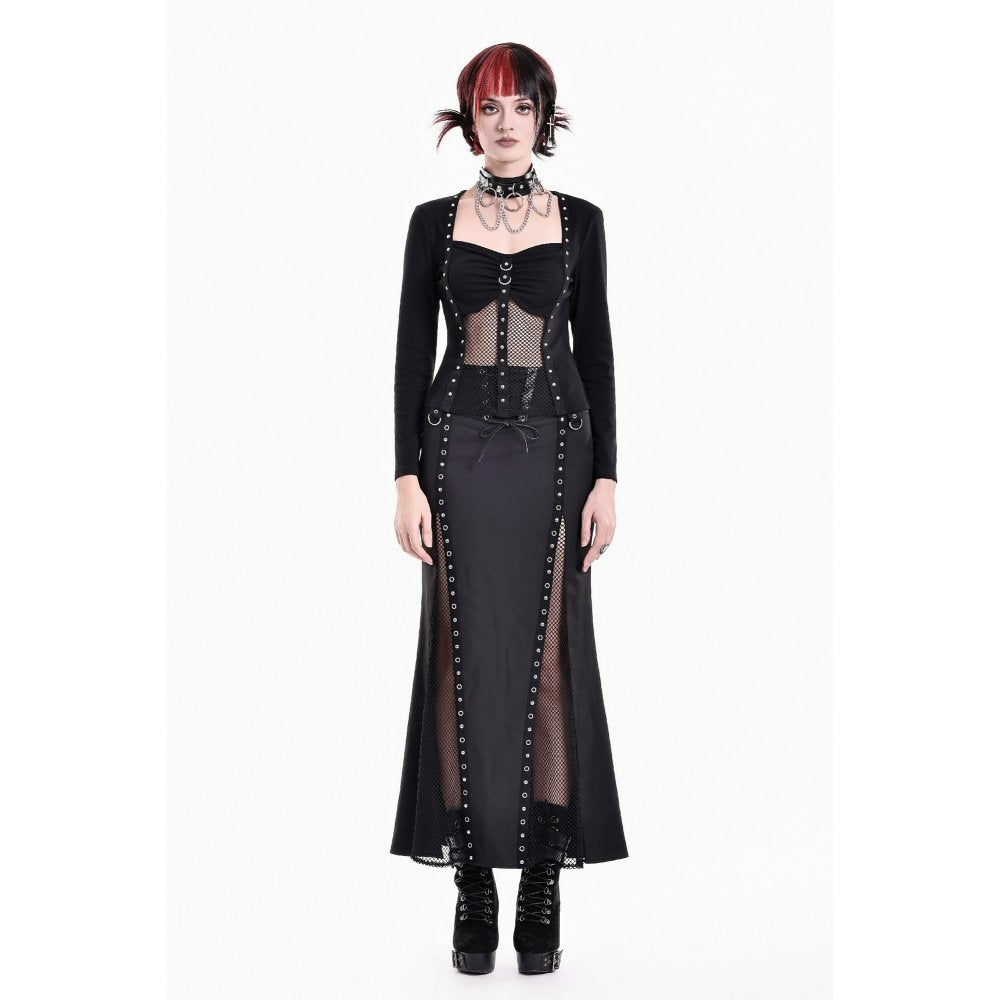 Schwarzes, langärmliges Oberteil Riveted Grid Top mit Nietendetails und Netzeinsätzen von Dark In Love