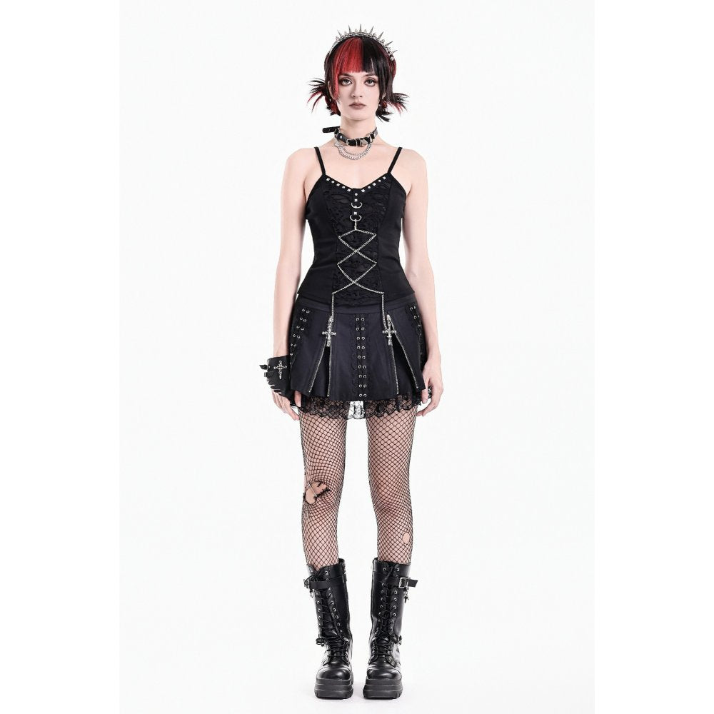 Schwarzes Spaghettiträger-Top Chained Thorn Cami Top mit Nieten-Details von Dark In Love