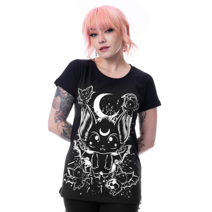 Schwarz-weißes Oberteil BABY BATS T SHIRT mit Fledermaus- und Mondprint von Cupcake Cult
