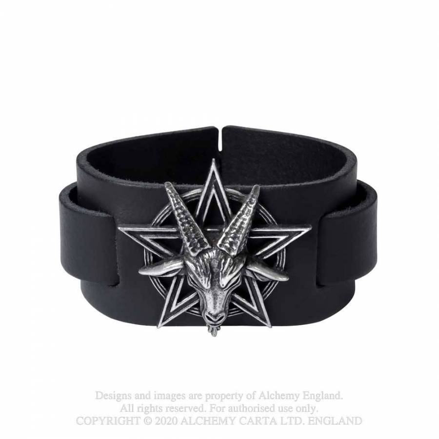 Breites, doppeltes schwarzes Lederarmband Baphomet Leather Wriststrap mit einem antiken Zinnabguss eines 3D-modellierten Ziegenkopfes über einem großen Pentagramm von Alchemy