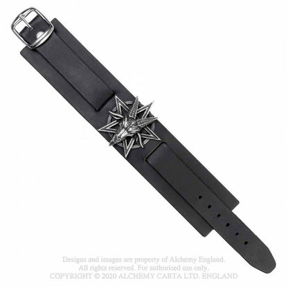 Breites, doppeltes schwarzes Lederarmband Baphomet Leather Wriststrap mit einem antiken Zinnabguss eines 3D-modellierten Ziegenkopfes über einem großen Pentagramm von Alchemy