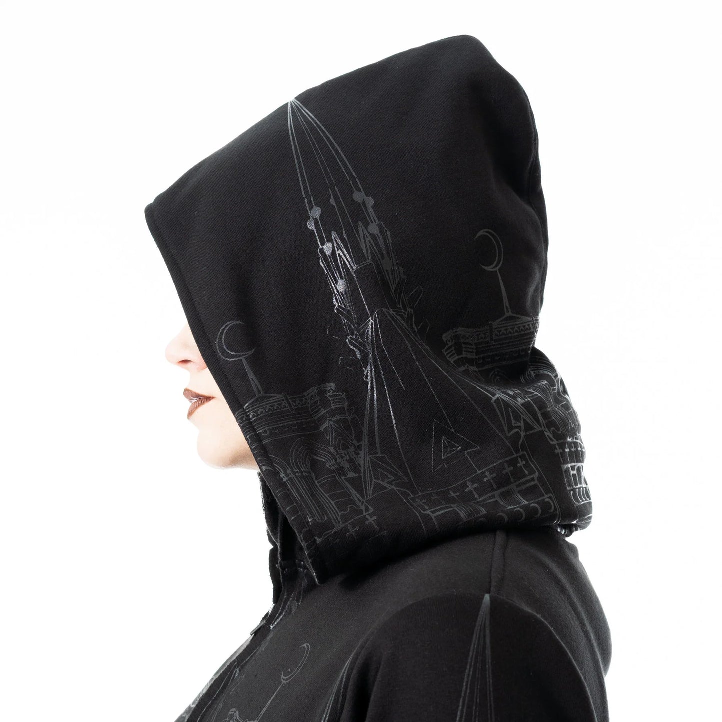 Schwarze, Kapuzenjacke BASILICA HOOD Kathedralenprint von Vixxsin