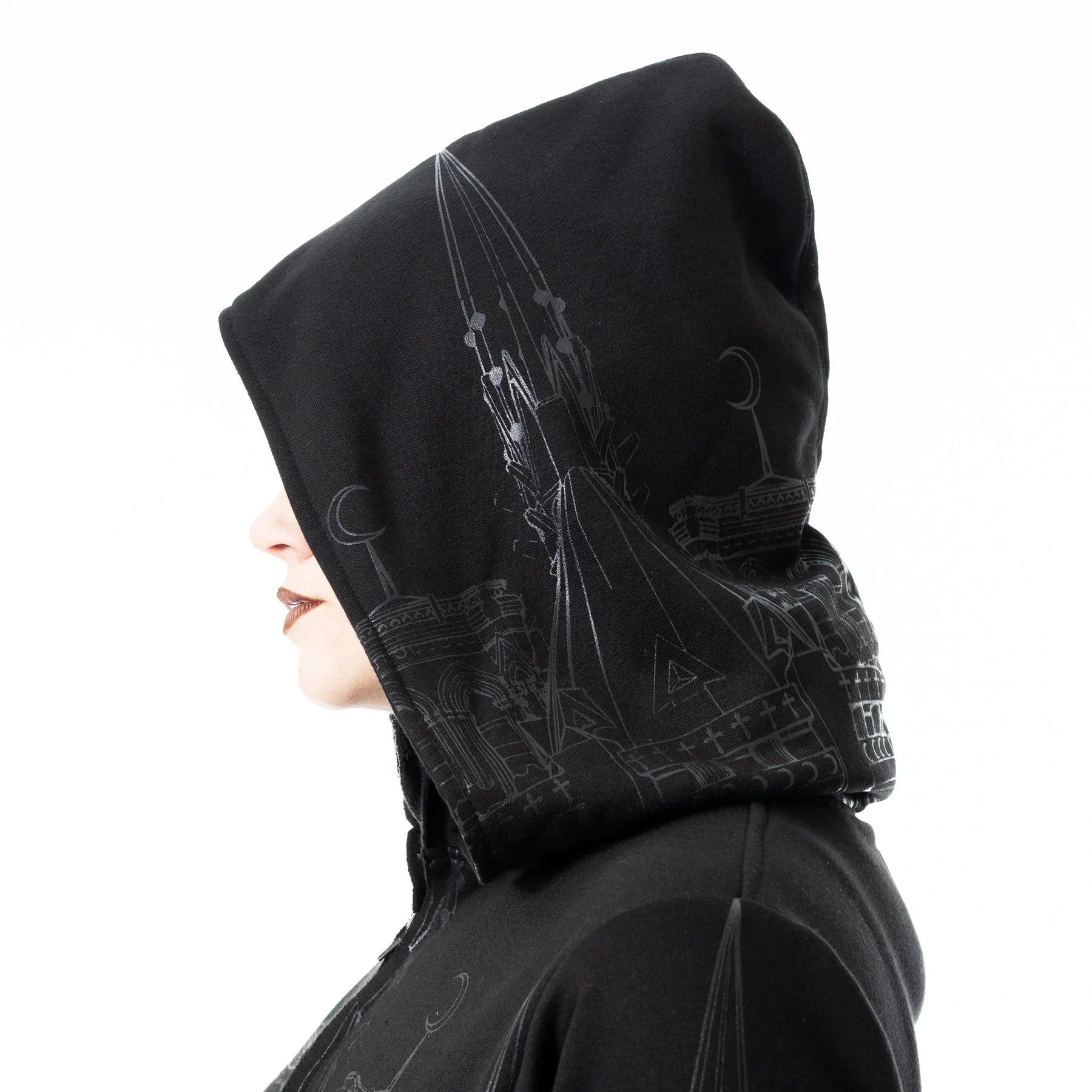 Schwarze, Kapuzenjacke BASILICA HOOD Kathedralenprint von Vixxsin