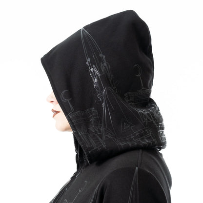 Schwarze, Kapuzenjacke BASILICA HOOD Kathedralenprint von Vixxsin
