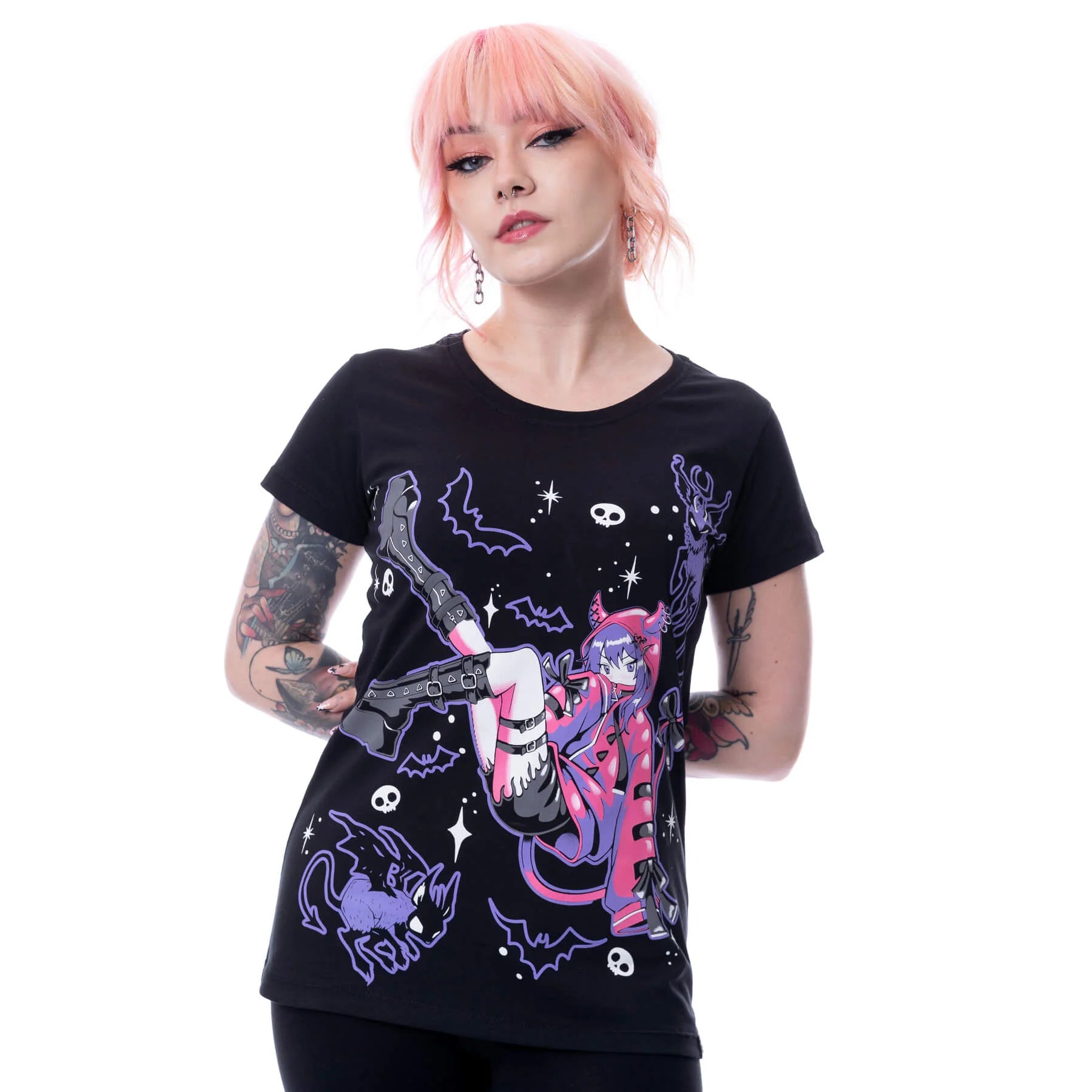 Schwarz-lilafarbenes Oberteil BAT BRAT T SHIRT mit detailliertem Print von Cupcake Cult