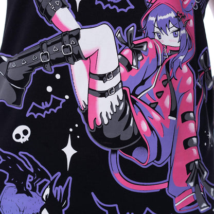 Schwarz-lilafarbenes Oberteil BAT BRAT T SHIRT mit detailliertem Print von Cupcake Cult