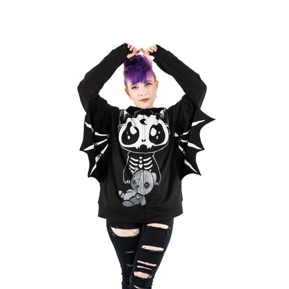 Schwarze Sweatshirtjacke BAT DOLL HOOD mit Fledermausflügeln und niedlichem Print von Cupcake Cult