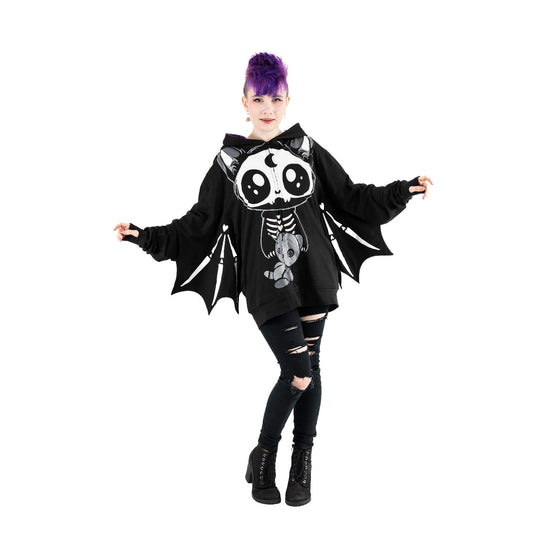 Schwarze Sweatshirtjacke BAT DOLL HOOD mit Fledermausflügeln und niedlichem Print von Cupcake Cult