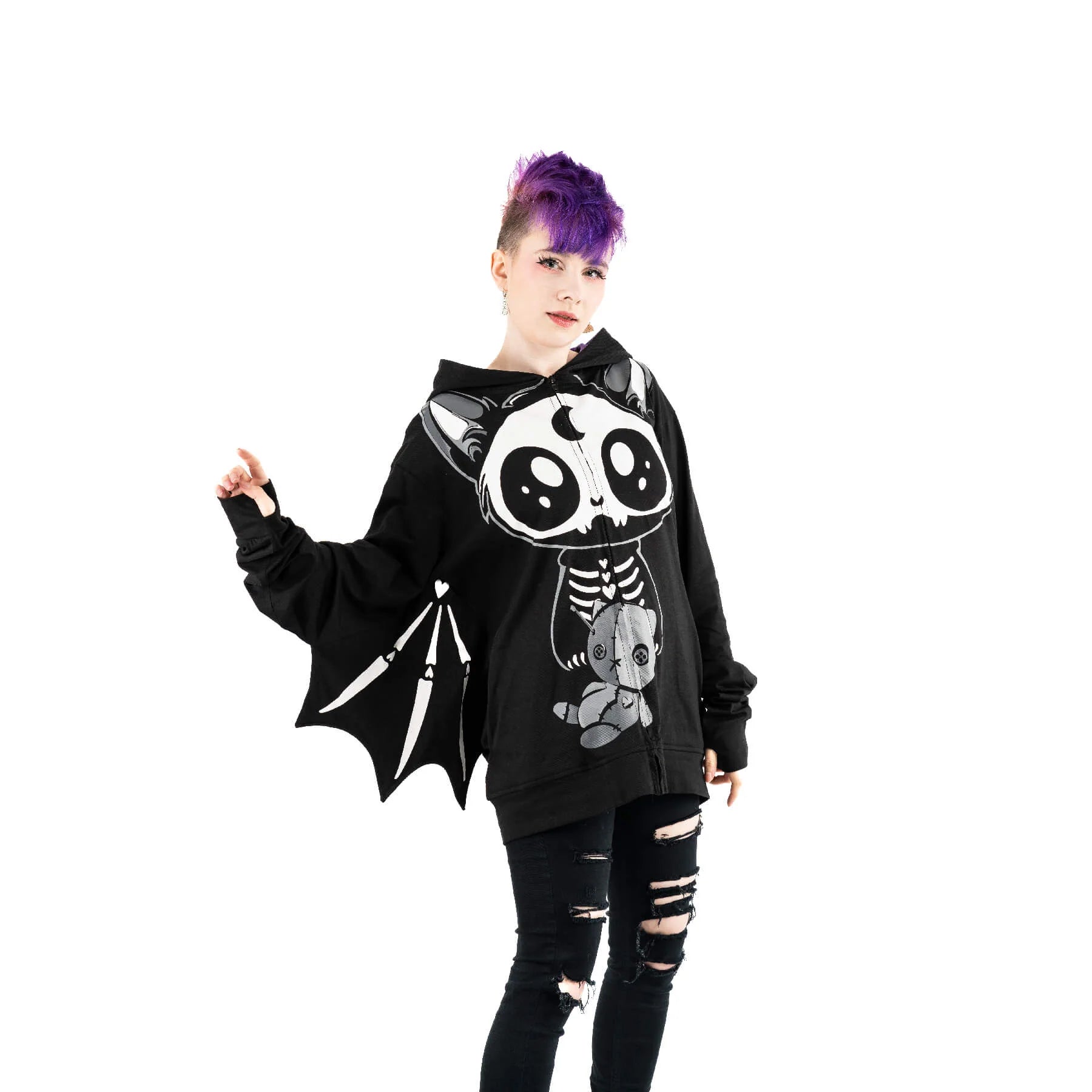 Schwarze Sweatshirtjacke BAT DOLL HOOD mit Fledermausflügeln und niedlichem Print von Cupcake Cult