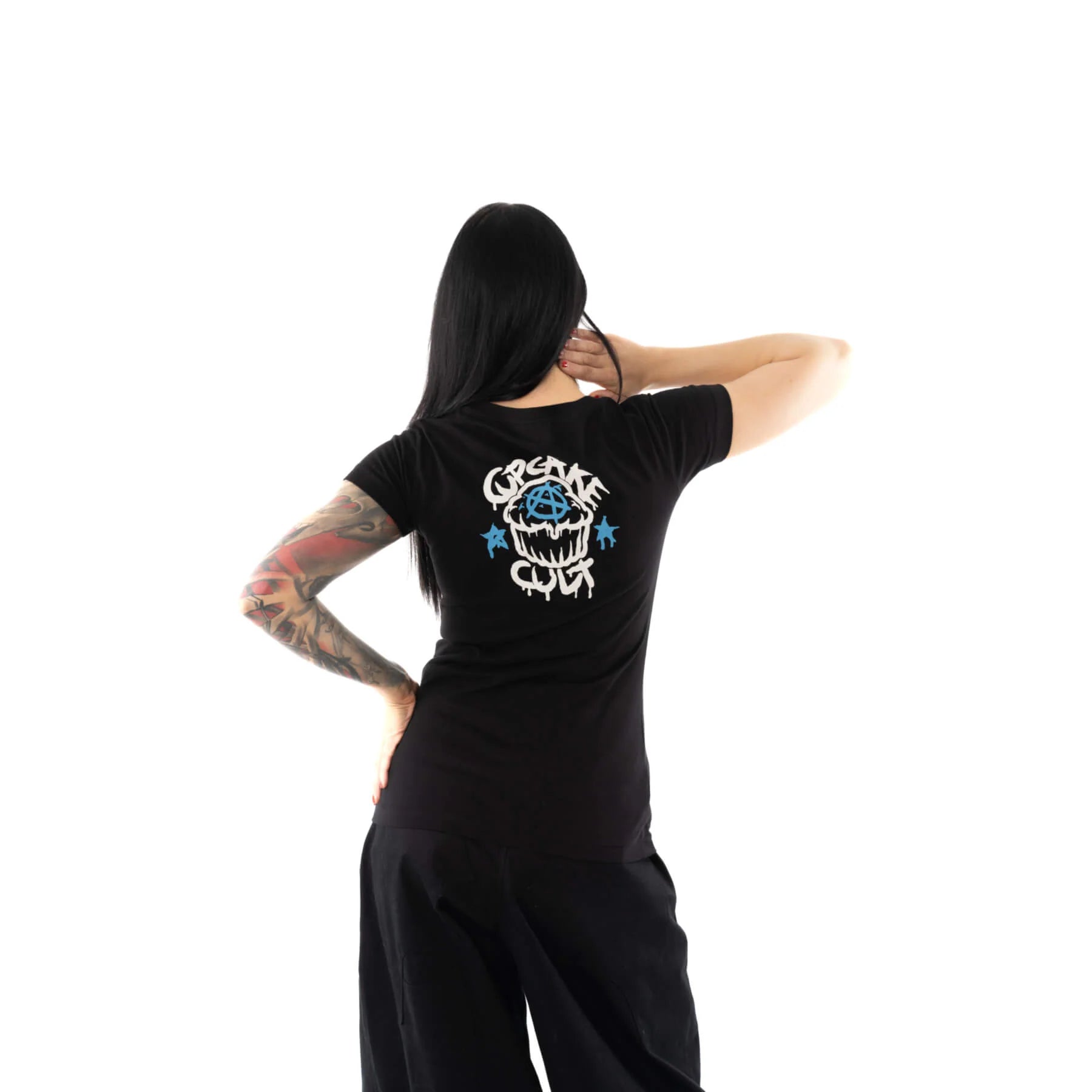 Schwarz-rosafarbenes Oberteil BAT GIRL T SHIRT mit detailliertem Print von Cupcake Cult