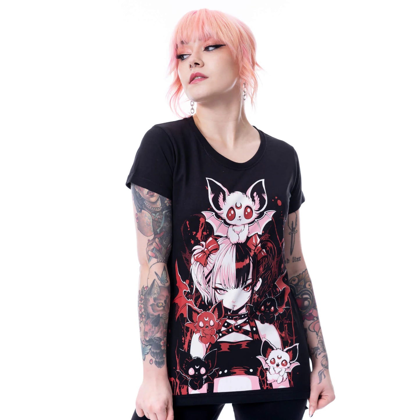 Schwarz-rotes Oberteil BATLING T SHIRT mit niedlichem Fledermausprint von Cupcake Cult