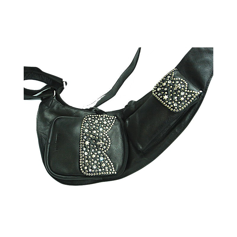 Schwarze Lederumhängetasche Body Bag Kristall vom Strass-Depot