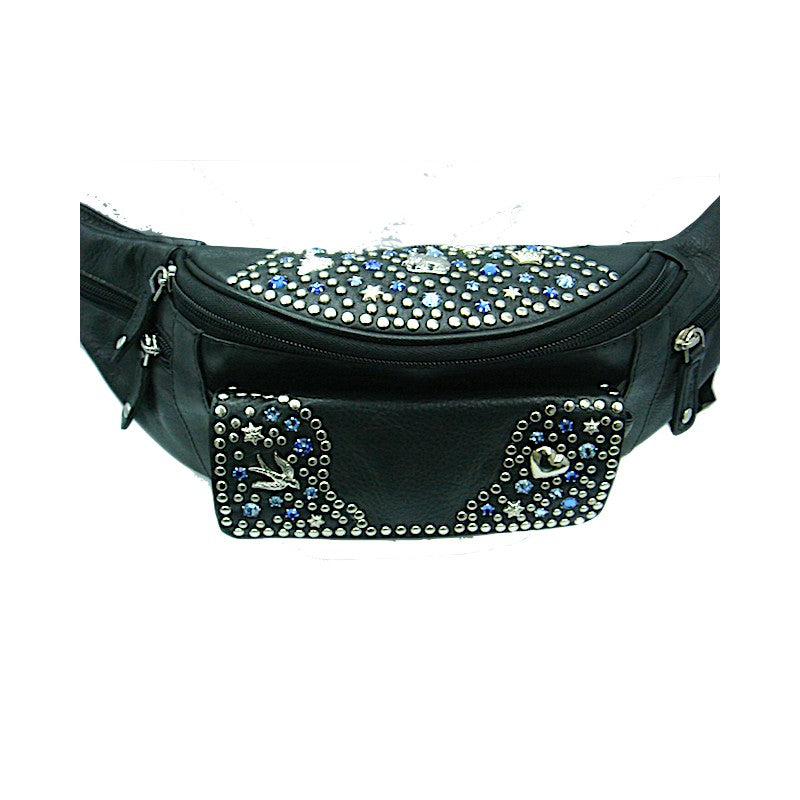 Schwarze Lederbauchtasche Bauchtasche Vanessa Blau vom Strass-Depot