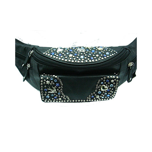 Schwarze Lederbauchtasche Bauchtasche Vanessa Blau vom Strass-Depot