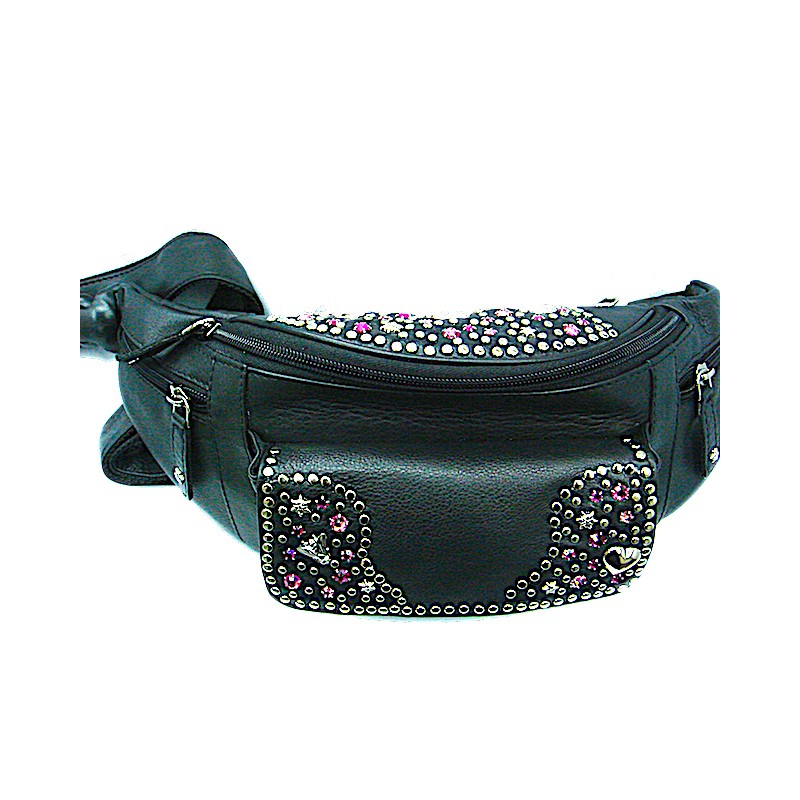 Schwarze Lederbauchtasche Bauchtasche Vanessa Pink vom Strass-Depot
