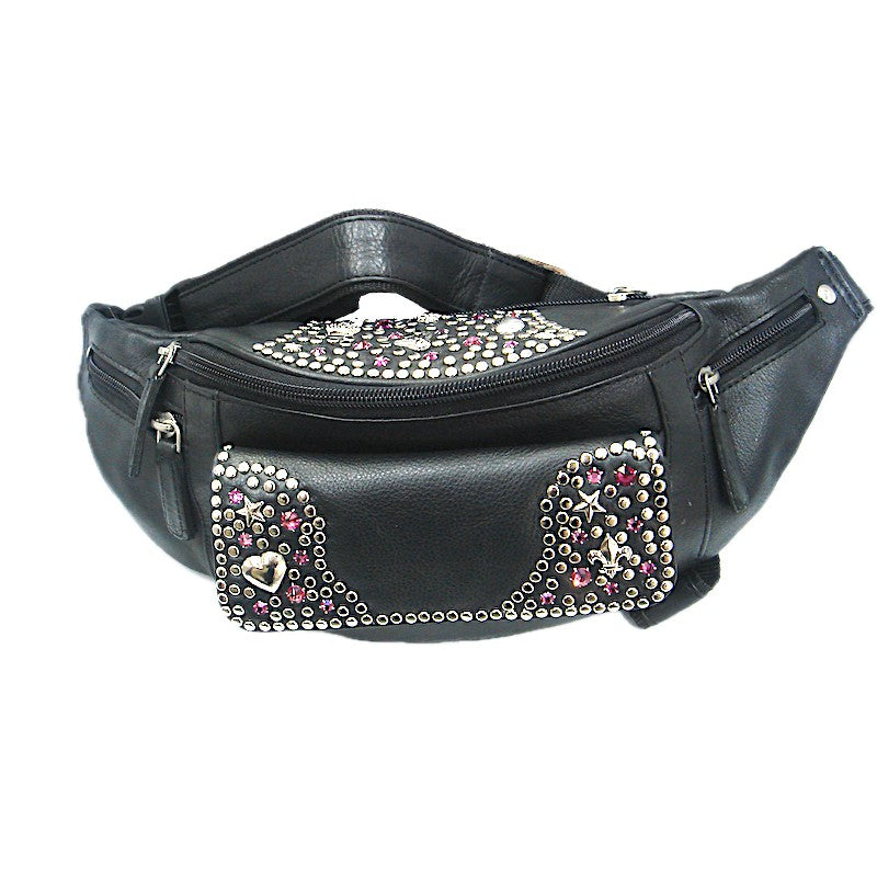 Schwarze Lederbauchtasche Bauchtasche Vanessa Pink vom Strass-Depot