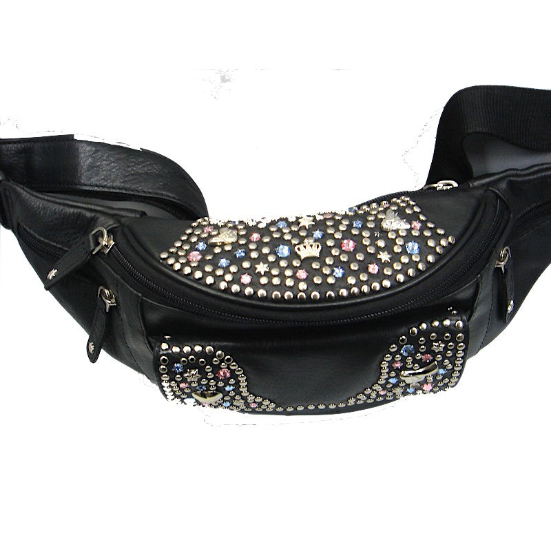 Schwarze Lederbauchtasche Bauchtasche Vanessa Rosa/Blau vom Strass-Depot