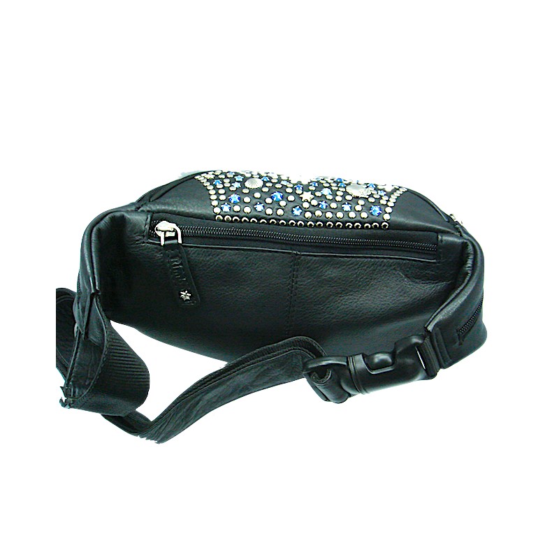 Schwarze Lederbauchtasche Bauchtasche Vanessa Blau vom Strass-Depot