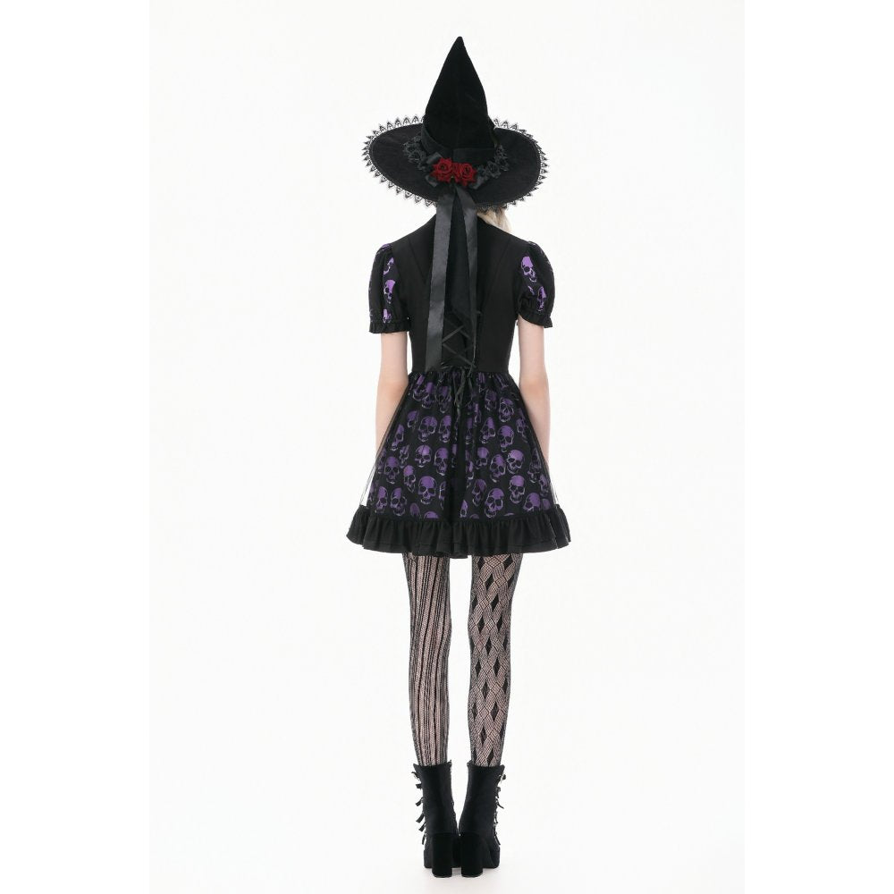 Schwarz/Lilanes kurzes Kleid, Purple Skull Whisper ist ein Dark-Lolita-Kleid mit Totenkopf-Print von Dark In Love