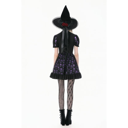 Schwarz/Lilanes kurzes Kleid, Purple Skull Whisper ist ein Dark-Lolita-Kleid mit Totenkopf-Print von Dark In Love