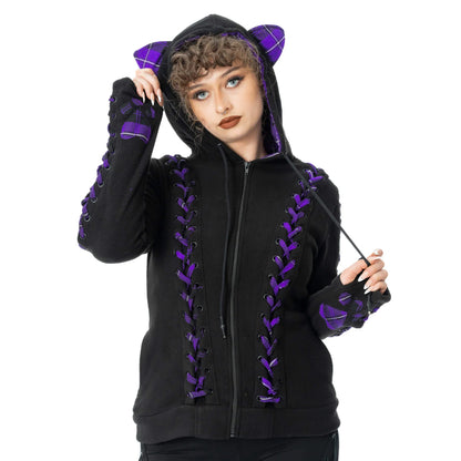 Schwarze Sweatshirtjacke BBK CALICO HOOD mit lilafarbenen Details und Katzenohren auf Kapuze von Bye Bye Kitty