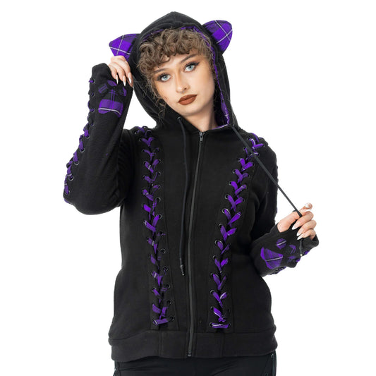 Schwarze Sweatshirtjacke BBK CALICO HOOD mit lilafarbenen Details und Katzenohren auf Kapuze von Bye Bye Kitty