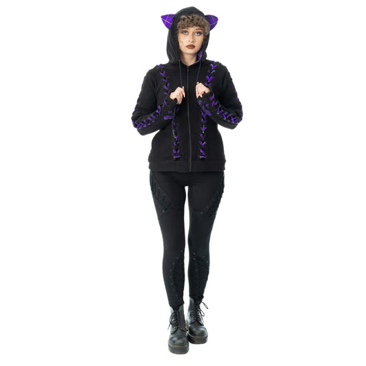 Schwarze Sweatshirtjacke BBK CALICO HOOD mit lilafarbenen Details und Katzenohren auf Kapuze von Bye Bye Kitty