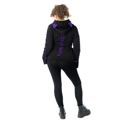 Schwarze Sweatshirtjacke BBK CALICO HOOD mit lilafarbenen Details und Katzenohren auf Kapuze von Bye Bye Kitty