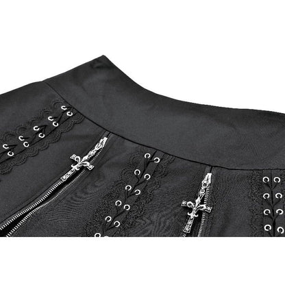 Schwarzer Mini-Rock Sacred Blade Requiem Skirt mit Reißverschlüssen, Kreuzanhängern und Spitzendetails von Dark In Love