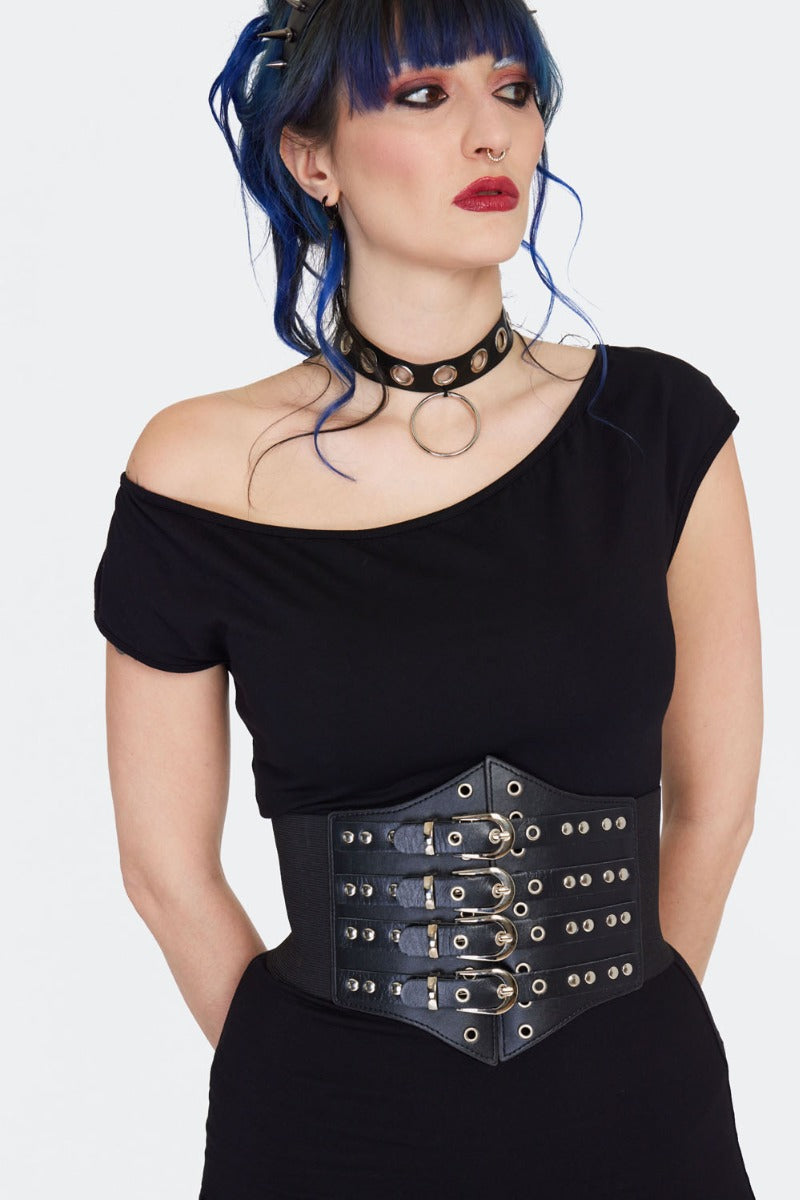 Schwarzer Taillengürtel Studded Multi Buckle Corset Belt mit Schnallen und Nieten an der Vorderseite von Jawbreaker