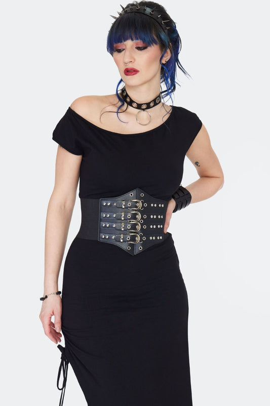 Schwarzer Taillengürtel Studded Multi Buckle Corset Belt mit Schnallen und Nieten an der Vorderseite von Jawbreaker