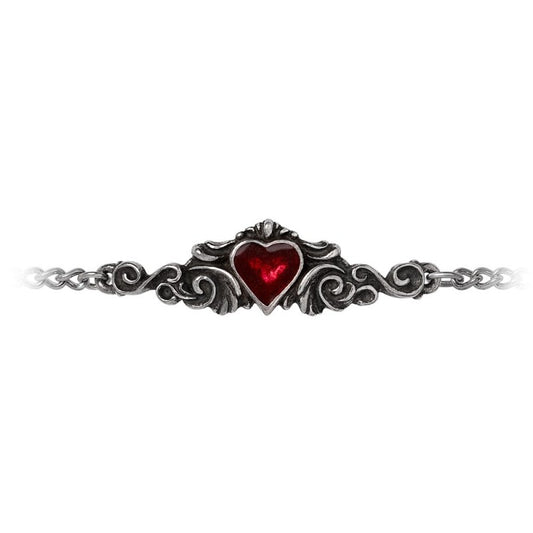 Betrothal Armband Alchemy - ein rotes Emaille Herz eingefast in einem kunstvoll gestallteten Anhänger mit feinen floralen Ornamenten.