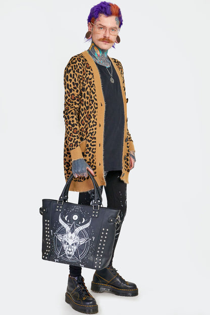 Schwarze, große Handtasche Demon Goat Shopper mit weißem Baphomet-Print und Nieten von Jawbreaker