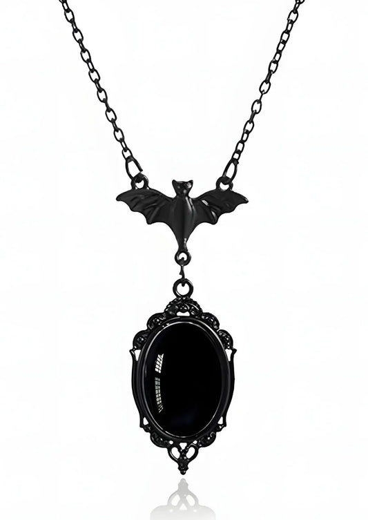 Schwarze BLACK BAT STONE Kette mit schwarzer Fledermaus und schwarzem Steinanhänger von EASURE