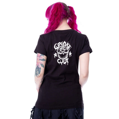Schwarz-weißes Oberteil BLACK MEOWGIC T SHIRT mit niedlichem Katzenprint von Cupcake Cult