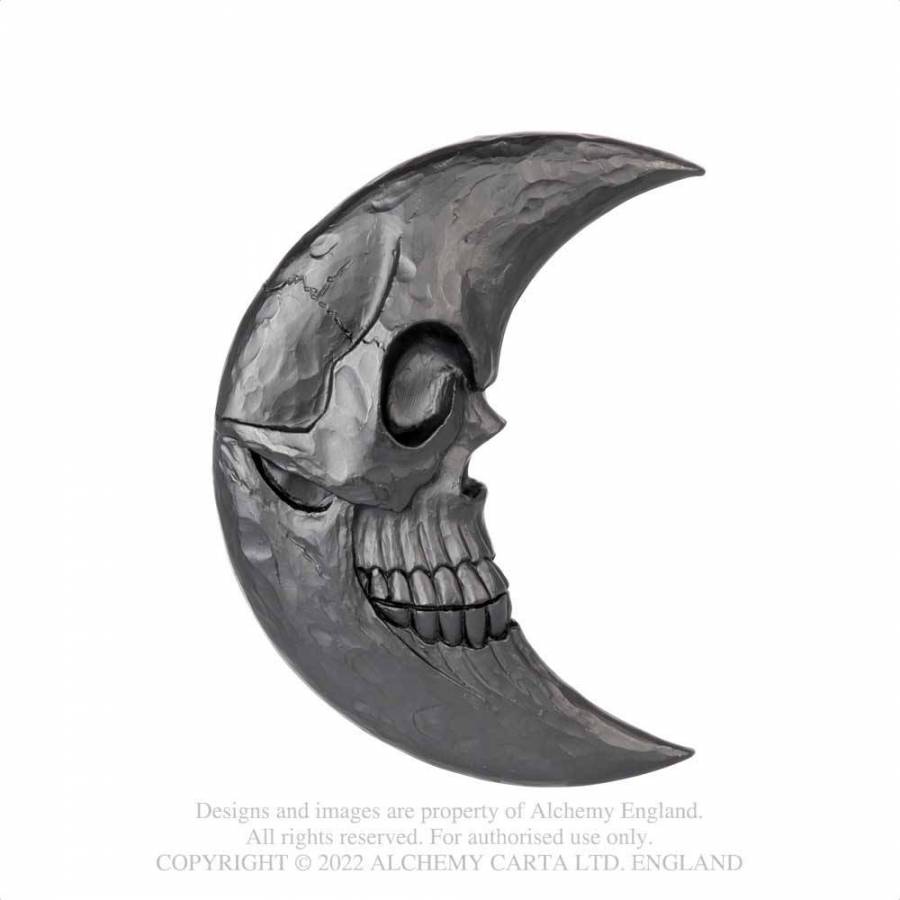 Mondförmiger Spiegel Black Moon Hand Mirror mit aufwendigen Totenkopfdetails, handgefertigt aus schwarzem Harz von Alchemy England